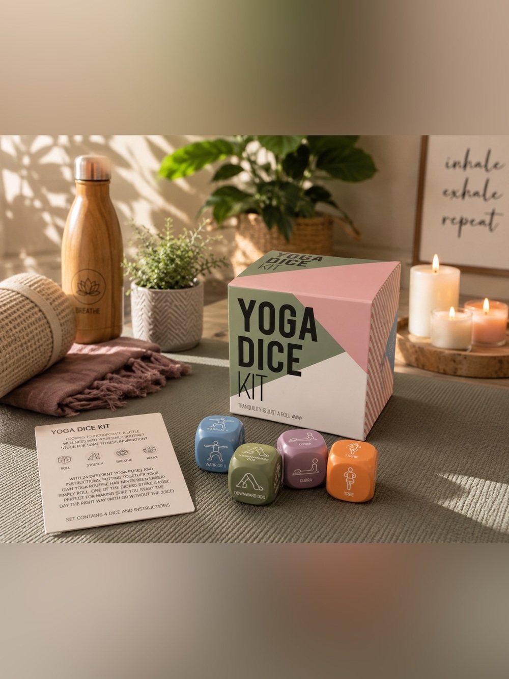 Yoga Dice Kit 4 Dice & Instruction Cards | Mindfulness Wellness Fitness Gift